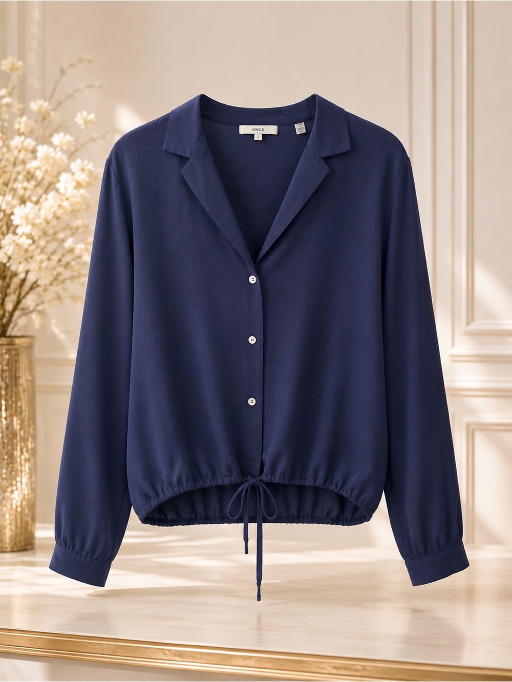Vince Navy Drawstring Hem Button-Down Blouse Size 10 - Picture 1 of 2